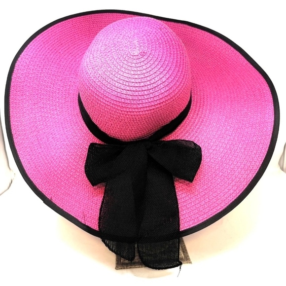🆕️ 👒 HOT PINK WITH BLACK BOW SUN HAT - FLOPPY BEACH HAT👒 - Picture 1 of 1